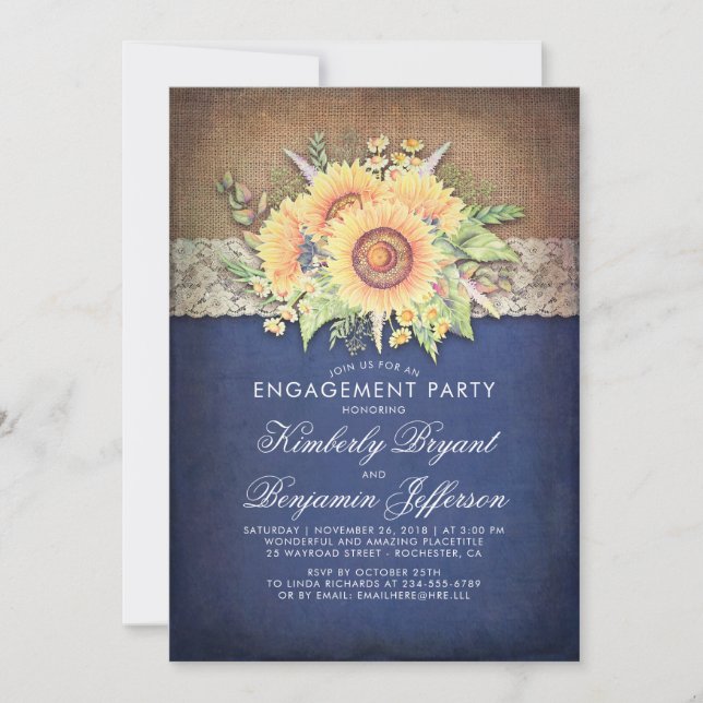 Burlap Lace Sunflower Navy Rustikale Engagement Pa Einladung (Vorderseite)