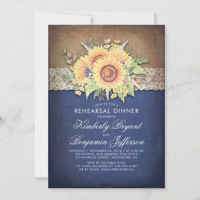Burlap Lace Sunflower Navy Rustikale Probe Dinner Einladung (Vorderseite)