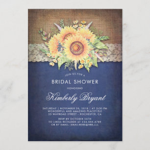 Burlap Lace Sunflower Navy Rustikales Brautparty Einladung