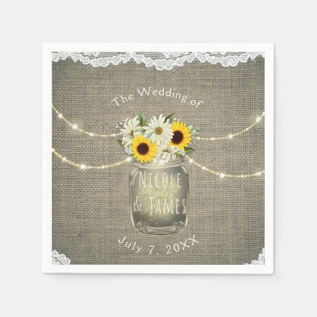 Burlap Lace Sunflowers & Daisies Mason Jar Rustic Serviette (Vorderseite)