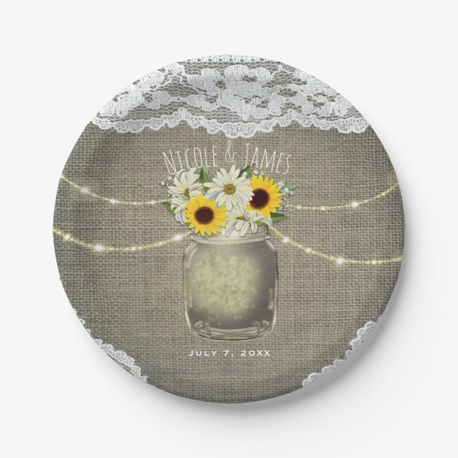 Burlap Lace Sunflowers & Daisies Mason Jar Wedding Pappteller (Vorderseite)