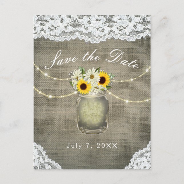 Burlap Lace Sunflowers Daisies Mason Save the Date Ankündigungspostkarte (Vorderseite)