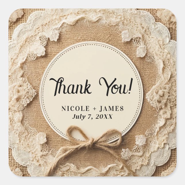 Burlap Lace & Twine Bow Rustikale Hochzeit Quadratischer Aufkleber (Vorderseite)