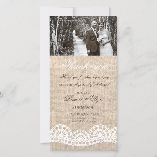 Burlap & Lace Wedding Vielen Dank Foto Card Dankeskarte (Vorderseite)