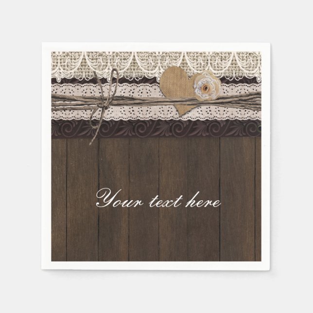 Burlap Lace Wood Romantic Country Wedding Napkins Serviette (Vorderseite)