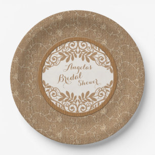 Burlap Lace Wood Rustic Wedding Brautparty Pappteller