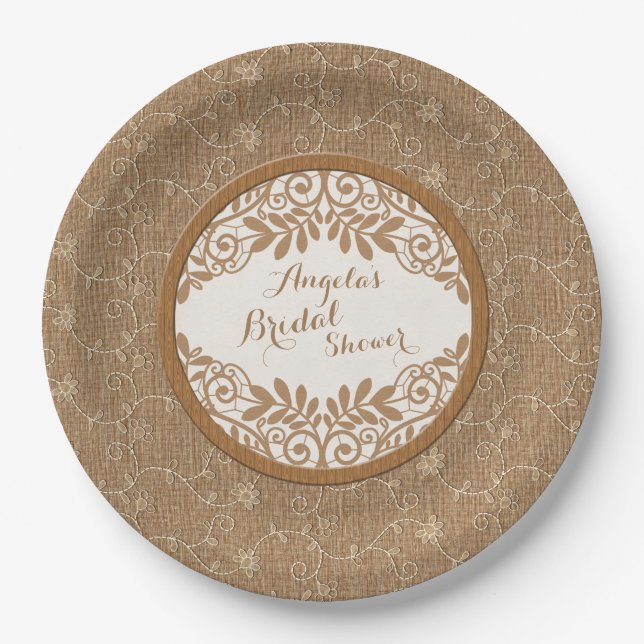 Burlap Lace Wood Rustic Wedding Brautparty Pappteller (Vorderseite)