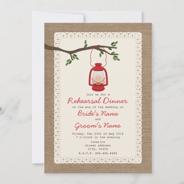 Burlap  Lantern Camping Probe Abendessen Einladung (Vorderseite)