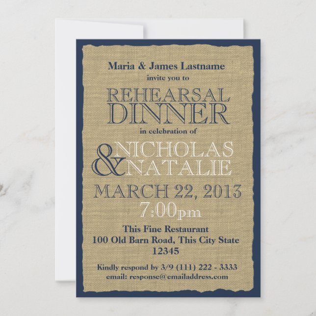 Burlap Look Probe Dinner Navy Blue Einladung (Vorderseite)