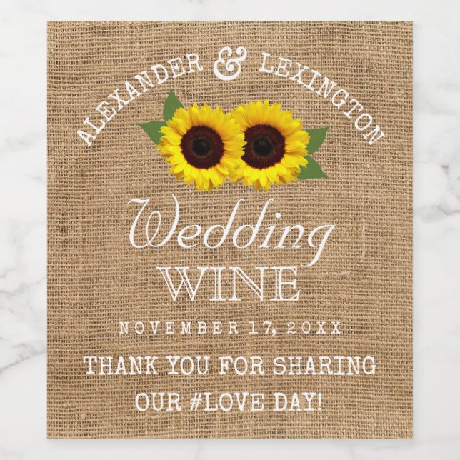 Burlap Look und Sunflowers Rustic Country Wedding Weinetikett (Einzelnes Label)