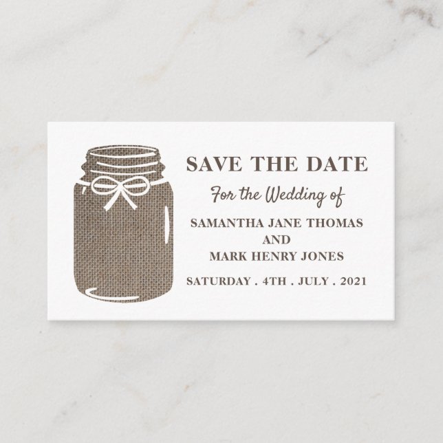 Burlap Mason Jar, Save the Date Begleitkarte (Vorderseite)
