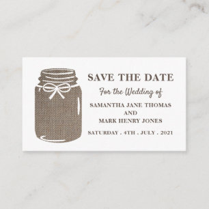 Burlap Mason Jar, Save the Date Begleitkarte