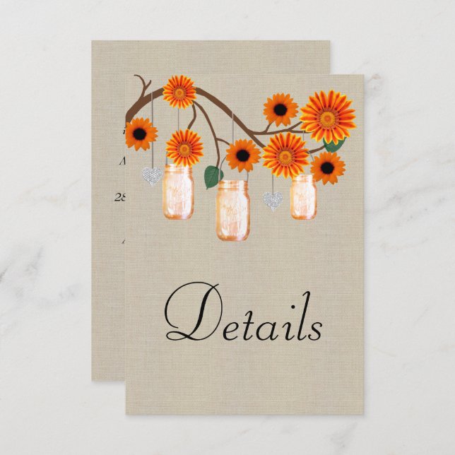 Burlap Orange Floral Mason Jars Wedding Details Begleitkarte (Vorne/Hinten)