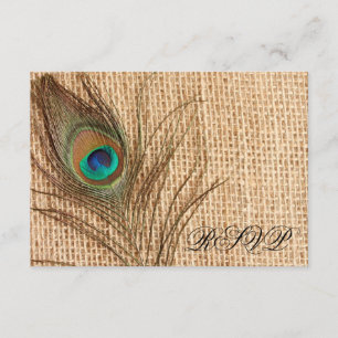 Burlap Peacock Feather Wedding RSVP Karte
