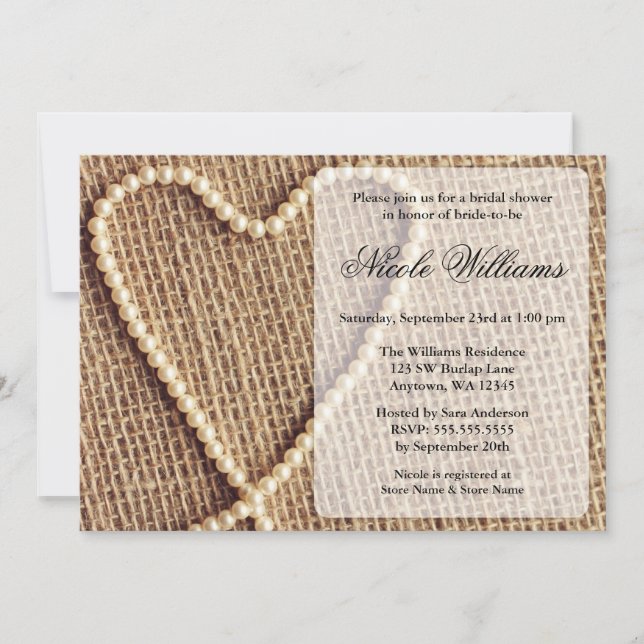 Burlap Pearl Heart Bridal Dusche Einladungen (Vorderseite)