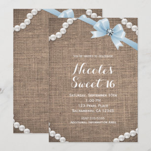 Burlap & Pearls Blaues Schleife Glamour Sweet 16 P Einladung