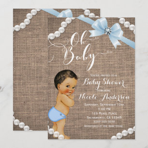 Burlap & Pearls Blaues Schleifen-Braunhaar-Babysho Einladung
