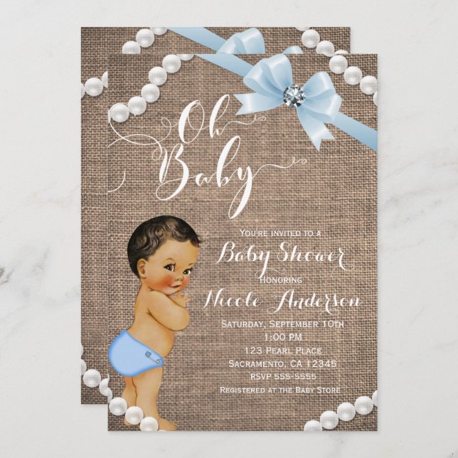 Burlap & Pearls Blue Bow Brünett Tan Baby Dusche Einladung (Vorne/Hinten)