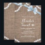 Burlap & Pearls Blue Bow Glamour Sweet 16 Party Einladung<br><div class="desc">Burlap & Pearls Blue Bow Glamour Sweet 16 Party Einladungen. Matching-Elemente sind ebenfalls verfügbar.</div>