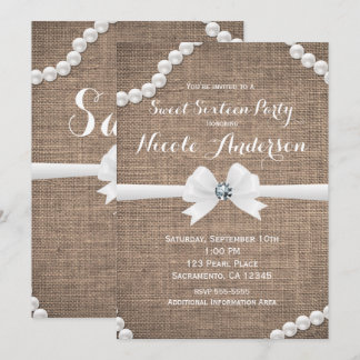 Burlap & Pearls Rustikaler Glamour Sweet 16 Party Einladung