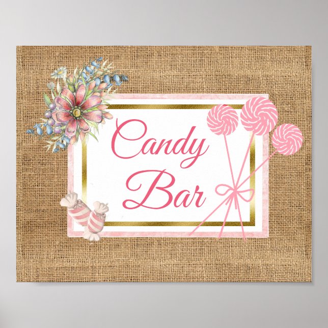 Burlap Pink Floral Candy Air Wedding Sign Poster (Vorne)