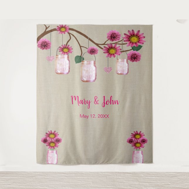 Burlap Pink Floral Mason Jars Foto Hintergrund Wandteppich (Vorderseite)