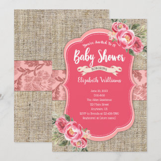 Burlap Pink Watercolor Blume Girl Baby Dusche Einladung