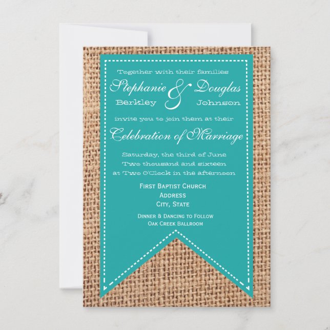 Burlap Print Turquoise Rustikale Hochzeitseinladun Einladung (Vorderseite)