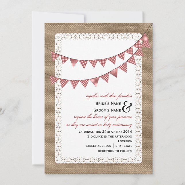 Burlap  Red Gingham Bunting Hochzeit Einladung (Vorderseite)