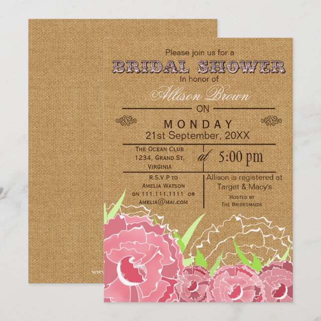 Burlap, rosa blumengeschmücktes, rustikales Brautp Einladung (Vorne/Hinten)