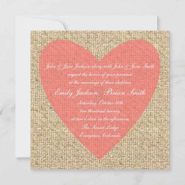 Burlap rosa Herz rustikale Hochzeit Einladungen (Vorderseite)