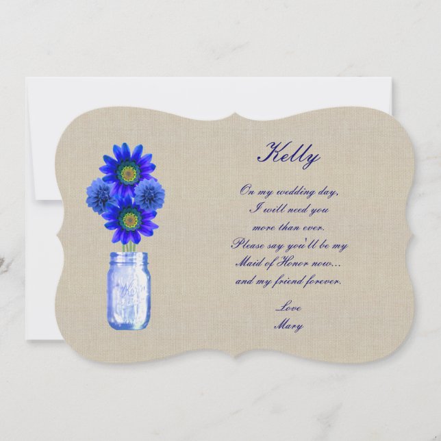 Burlap Rustic Blue Mason Jar Trauzeugin Card Einladung (Vorderseite)