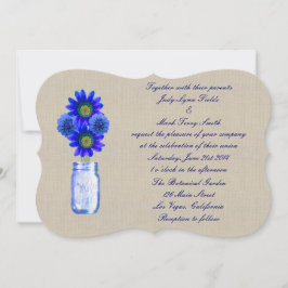 Burlap Rustic Blue Mason Jar Wedding Einladung