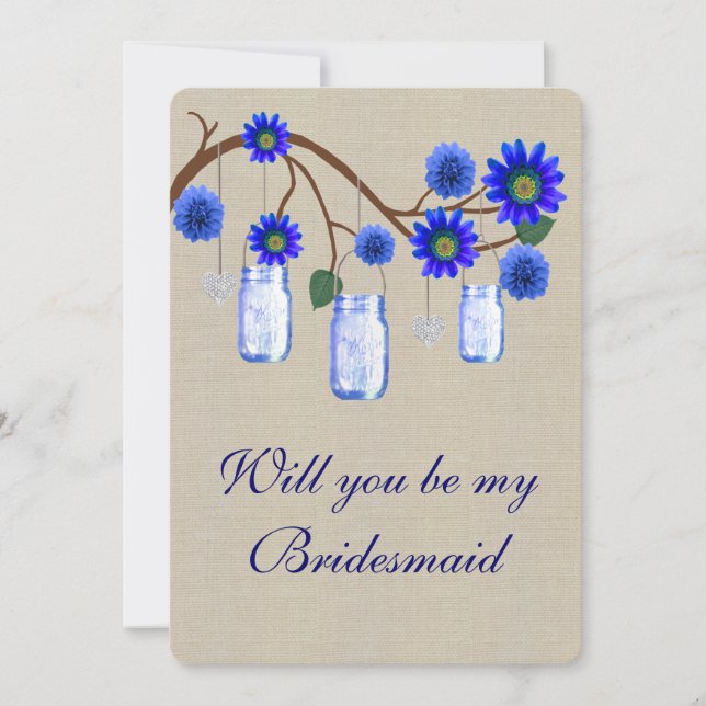 Burlap Rustic Blue Mason Jars Bridesmaid Card Einladung (Vorderseite)
