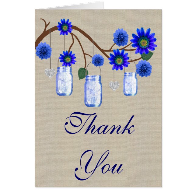 Burlap Rustic Blue Mason Jars Danke Karte (Vorne)