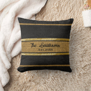 Burlap Rustic Brown Black Gold Custom Familienname Kissen