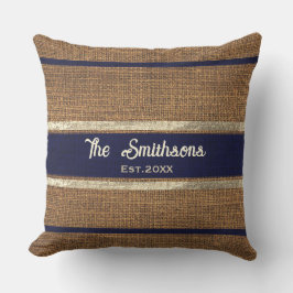 Burlap Rustic Brown Navy Blue Custom Familienname Kissen