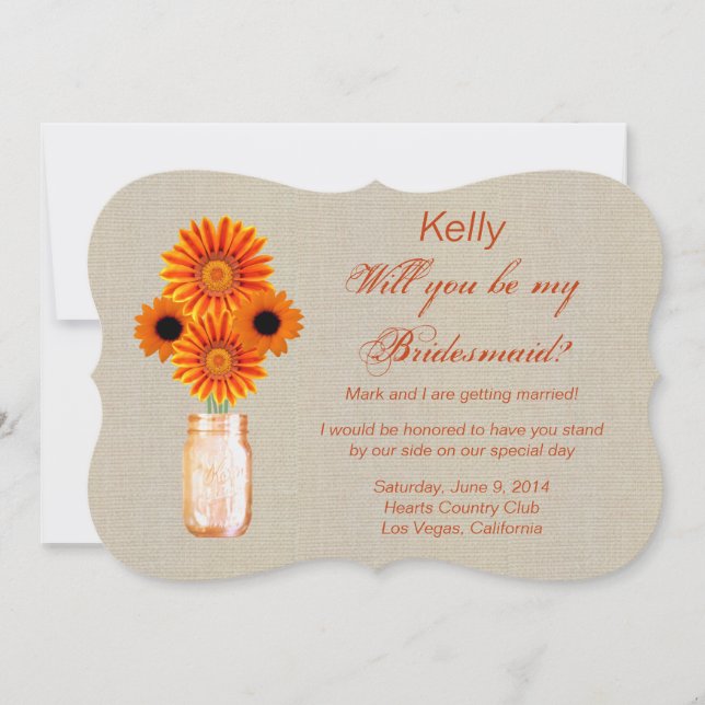 Burlap Rustic Orange Mason Jar Bridesmaid Card Einladung (Vorderseite)