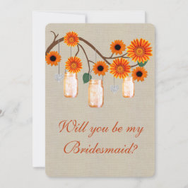 Burlap Rustic Orange Mason Jars Bridesmaid Card Einladung