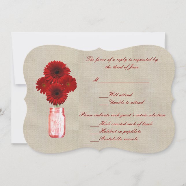 Burlap Rustic Red Mason Jar Response Card Einladung (Vorderseite)