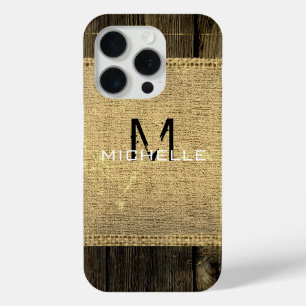Burlap Rustic Vintag Wood Look Monogram Case-Mate iPhone Hülle