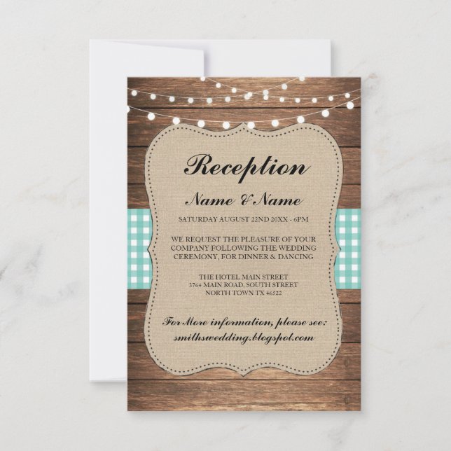 Burlap Rustic Wedding Reception Cards Holz Aquamar Einladung (Vorderseite)