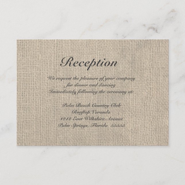 Burlap Rustic Wedding Reception Directors Card Begleitkarte (Vorderseite)