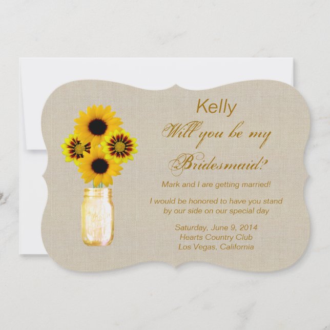 Burlap Rustic Yellow Mason Jar Bridesmaid Card Einladung (Vorderseite)