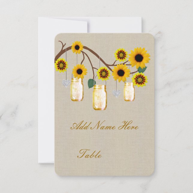 Burlap Rustic Yellow Mason Jars Table Platzkarte (Vorderseite)