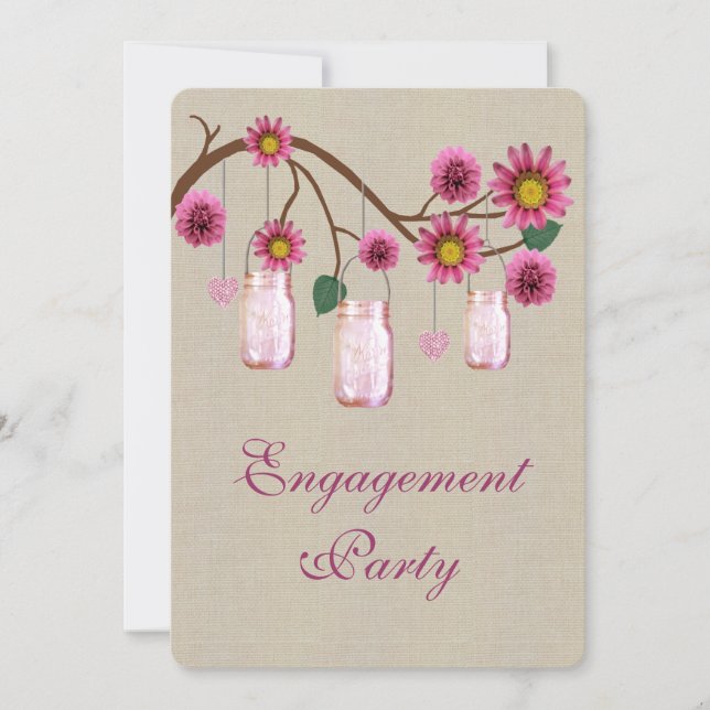 Burlap Rustikal Pink Mason Jars Engagement Party Einladung (Vorderseite)