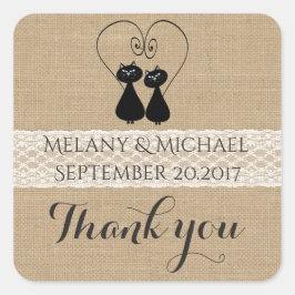 Burlap rustikale lustige Katzen in der Liebe Hochz Quadratischer Aufkleber