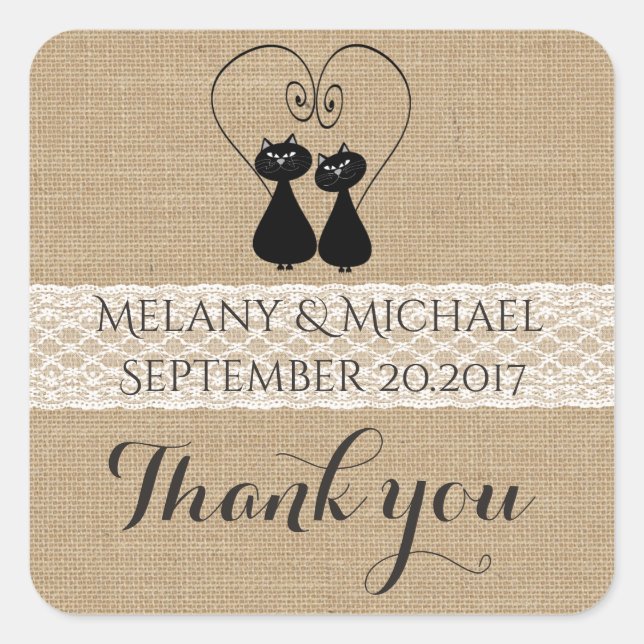 Burlap rustikale lustige Katzen in der Liebe Hochz Quadratischer Aufkleber (Vorderseite)