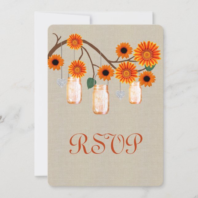 Burlap Rustikale Orange Mason Jars Response Card Einladung (Vorderseite)
