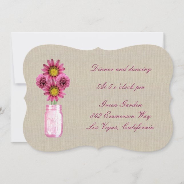 Burlap Rustikale Pink Mason Jar Empfang Card Einladung (Vorderseite)